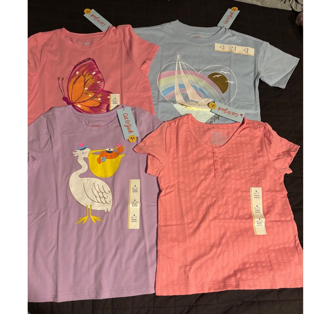 Cat & Jack Girl Short Sleeve Graphic Tee Bundle 4pk Pink Blue Purple Coral S 6/7